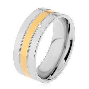 Prsten z oceli 316L stříbrno-zlaté barvy - tři lesklé pruhy, 8 mm - Velikost: 70