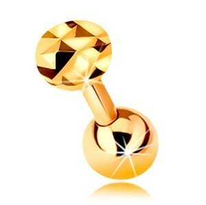 Zlatý 9K piercing do ucha - lesklá rovná činka s kuličkou a broušeným kolečkem, 5 mm