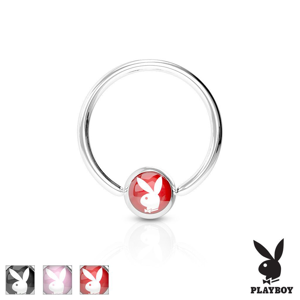 Piercingový kroužek z chirurgické oceli stříbrné barvy, kulička se zajíčkem Playboy - Tloušťka x průměr: 1,2 mm x 10 mm, Barva piercing: Červená