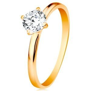 Zásnubní prsten ve žlutém 14K zlatě - hladká ramena, zářivý kulatý zirkon čiré barvy - Velikost: 60