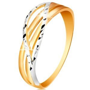 Dvoubarevný prsten ze 14K zlata - rozvětvené a zvlněné linie ramen, zářezy - Velikost: 54