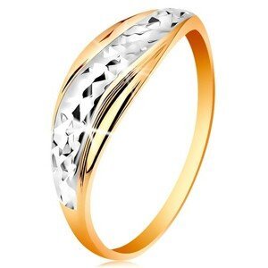 Zlatý prsten 585 - vlnky z bílého a žlutého zlata, blýskavý broušený povrch - Velikost: 58