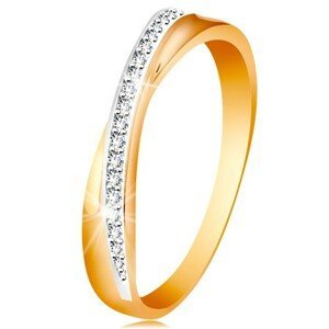 Prsten ze 14K zlata - překřížená hladká a třpytivá linie z čirých zirkonků - Velikost: 52