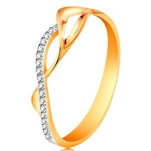 Zlatý prsten 585 - asymetricky propletené vlnky - dvě hladké a jedna zirkonová - Velikost: 58