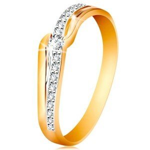 Blýskavý zlatý prsten 585 - čirý zirkon mezi konci ramen, zirkonová vlnka - Velikost: 56