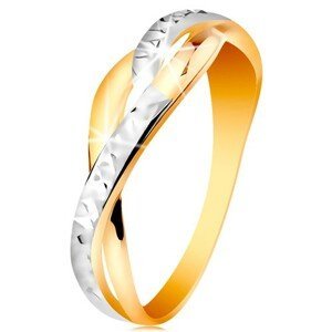 Dvoubarevný prsten ve 14K zlatě - rozdělené a zvlněné linie ramen, blýskavé zářezy - Velikost: 48