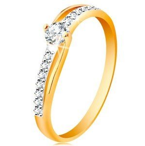 Zlatý prsten 585 s rozdělenými dvoubarevnými rameny, čiré zirkony - Velikost: 49