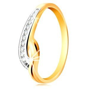 Prsten ve 14K zlatě - dvoubarevná zvlněná ramena, linie čirých zirkonů a zářez - Velikost: 51