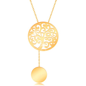 Zlatý náhrdelník 375 - kruh s vyřezávaným stromem a s visícím kolečkem