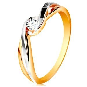 Zlatý prsten 585 - dvoubarevná, rozdělená a zvlněná ramena, čirý zirkon - Velikost: 57