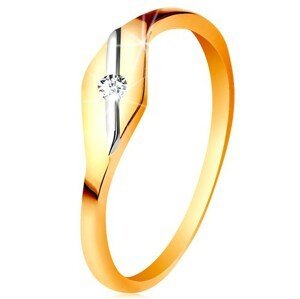 Zlatý prsten 585 - lesklé zrnko, šikmá linie z bílého zlata a čirý zirkonek - Velikost: 52
