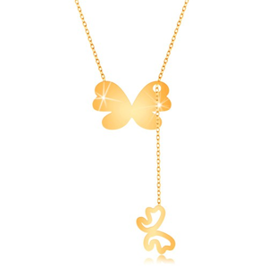 Zlatý 9K náhrdelník - větší motýl s visícím obrysem menšího motýlka