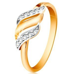 Zlatý prsten 585 - tři vlnky z bílého a žlutého zlata, třpytivé čiré zirkony - Velikost: 49