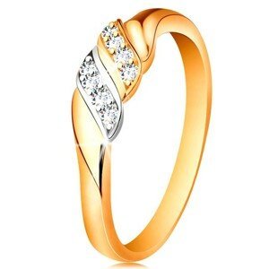 Zlatý prsten 585 - dvě vlnky z bílého a žlutého zlata, třpytivé čiré zirkony - Velikost: 49