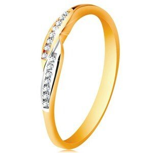 Prsten ve 14K zlatě, rozšířené dvoubarevné konce ramen se vsazenými zirkony - Velikost: 58