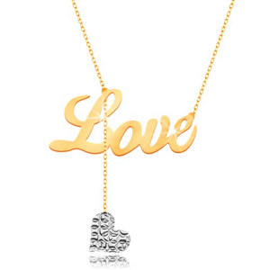 Náhrdelník v 9K zlatě - nápis Love, visící srdíčko z bílého zlata na řetízku