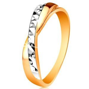 Prsten ve 14K zlatě - dvoubarevná překřížená ramena, drobné blýskavé rýhy - Velikost: 51