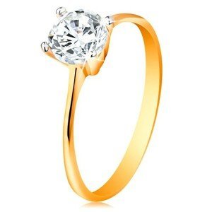Zlatý prsten 14K - zúžená ramena, zářivý čirý zirkon v lesklém kotlíku - Velikost: 49
