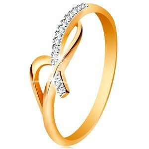 Prsten ve 14K zlatě - asymetricky propletená ramena, kulaté čiré zirkony - Velikost: 52