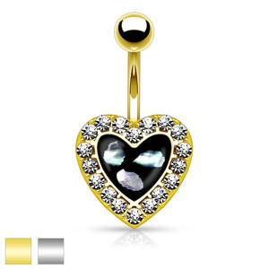 Piercing do pupíku z oceli 316L, černé srdíčko s kousky perleti a s čirými zirkonky - Barva piercing: Zlatá