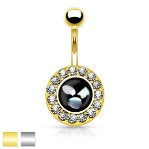 Ocelový piercing do bříška, černý kruh s kousky perleti, zirkonový lem - Barva piercing: Stříbrná