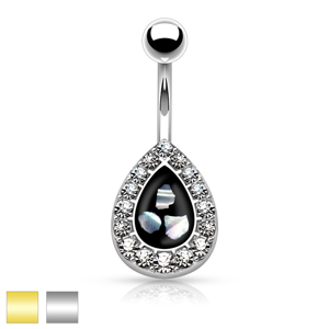 Ocelový piercing do pupíku, černá kapka s kousky perleti, lemovaná zirkony - Barva piercing: Stříbrná