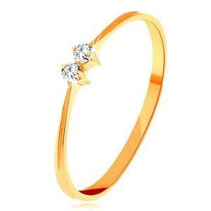 Briliantový zlatý prsten 585 - tenká lesklá ramena, dva zářivé čiré diamanty - Velikost: 57