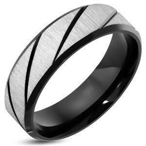 Prsten z oceli 316L s broušeným povrchem, černé diagonální pásy, 7 mm - Velikost: 60