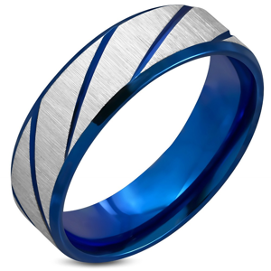 Prsten z chirurgické oceli, drsný povrch, tmavě modré šikmé zářezy, 7 mm - Velikost: 57