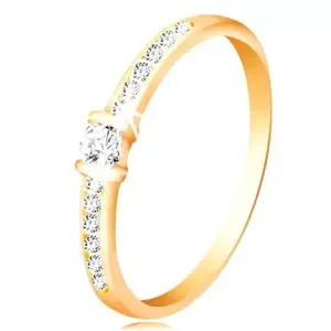 Zlatý prsten 14K - čirá třpytivá ramena, vyvýšený kulatý zirkon čiré barvy - Velikost: 48