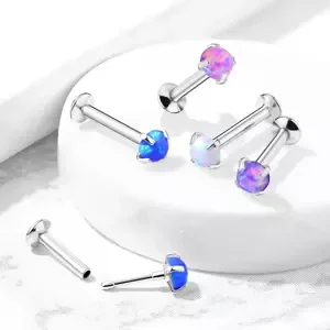 Zasouvací piercing do rtu, brady a ucha z oceli 316L - syntetický opál v květináči, 6 mm - Barva: Modrá