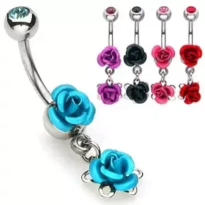 Ocelový piercing do pupíku - rozkvetlé kovové růže, pokovené rhodiem - Barva: Aqua modrá