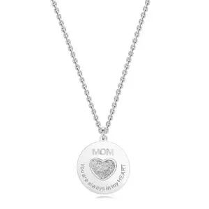 Stříbrný náhrdelník 925 - lesklý kruh, třpytivé srdce s nápisy, "MOM"