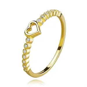 Zlatý prsten ze 14karátového žlutého zlata - obrys srdce, čiré zirkonové květy - Velikost: 49