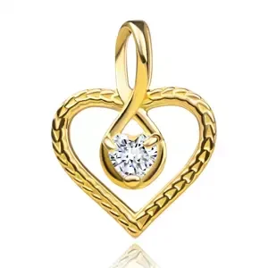 Přívěsek ze žlutého zlata 585 - strukturované srdce, zirkon v obrysu kapky