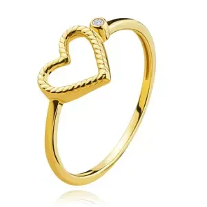 Prsten ze žlutého zlata 585 - vroubkované srdce, kulatý zirkon - Velikost: 49