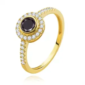 Prsten ze žlutého 14K zlata - výrazný černý zirkon, menší čiré zirkony - Velikost: 52