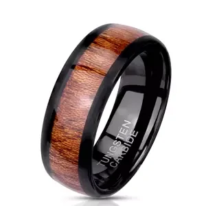 Wolframový prsten v černé barvě, dřevěný pásek uprostřed, 8 mm - Velikost: 70