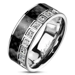 Ocelový prsten stříbrné barvy - černá uhlíková vlákna, čiré zirkony - Velikost: 70