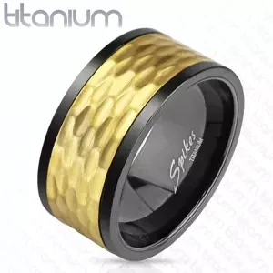 Otáčivý prsten z titanu - černá - zlatá barva, ovály, 10 mm - Velikost: 60