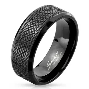 Černý prsten z nerezové oceli - motiv diamantového brusu, obdélníky - Velikost: 62