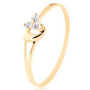Prsten ze žlutého 14K zlata - tři diamanty v jemném růžovém odstínu, srdíčko - Velikost: 60