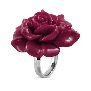 Prsten z oceli 316L - velká růžovofialová rozkvetlá růže z pryskyřice - Velikost: 54