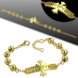 Ocelový náramek ve zlatém odstínu, známka s křížem s řeckým klíčem