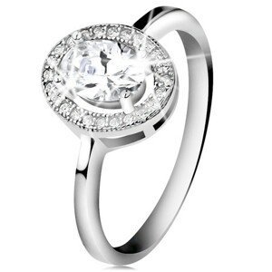 Stříbrný prsten 925, broušený oválný zirkon, čirý blýskavý lem - Velikost: 50