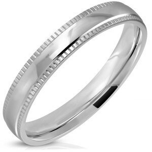 Prsten z oceli 316L, stříbrný odstín, lesklý střed a vroubkované okraje, 4 mm - Velikost: 64