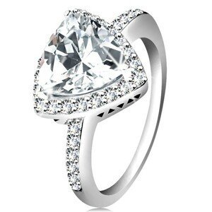 Stříbrný prsten 925, čirý trojúhelníkový zirkon, blýskavý lem, výřezy - Velikost: 49