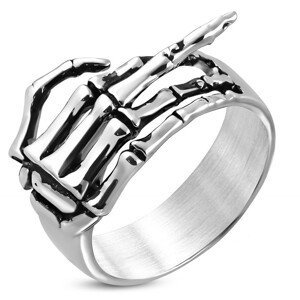 Prsten z chirurgické oceli - kostra ruky se zdviženým prstem, patina - Velikost: 54