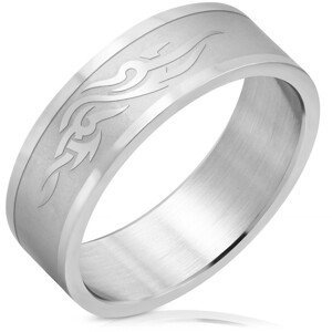 Ocelový prsten s matným středem, lesklé ornamenty a okraje, 8 mm - Velikost: 54