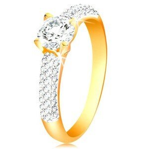 Zlatý 14K prsten - třpytivá ramena, vyvýšený kulatý zirkon čiré barvy - Velikost: 59